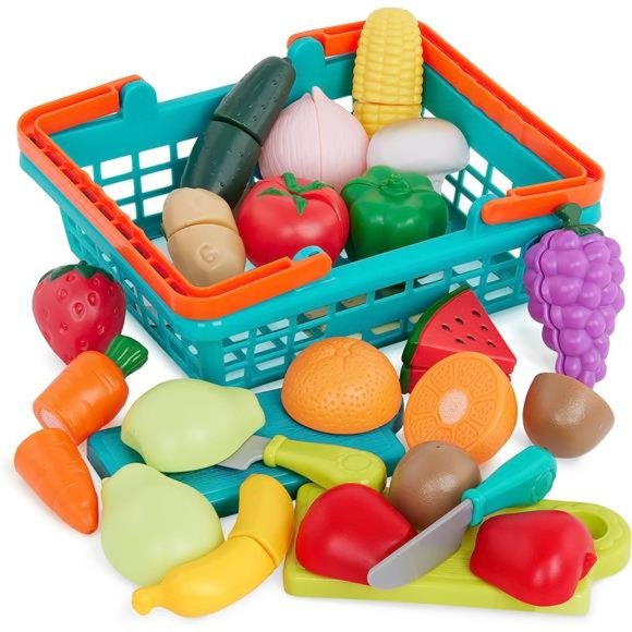 Play Food for Toddlers with Farmers Market Basket and Chopping Board, Toy Food - Picture 1 of 6